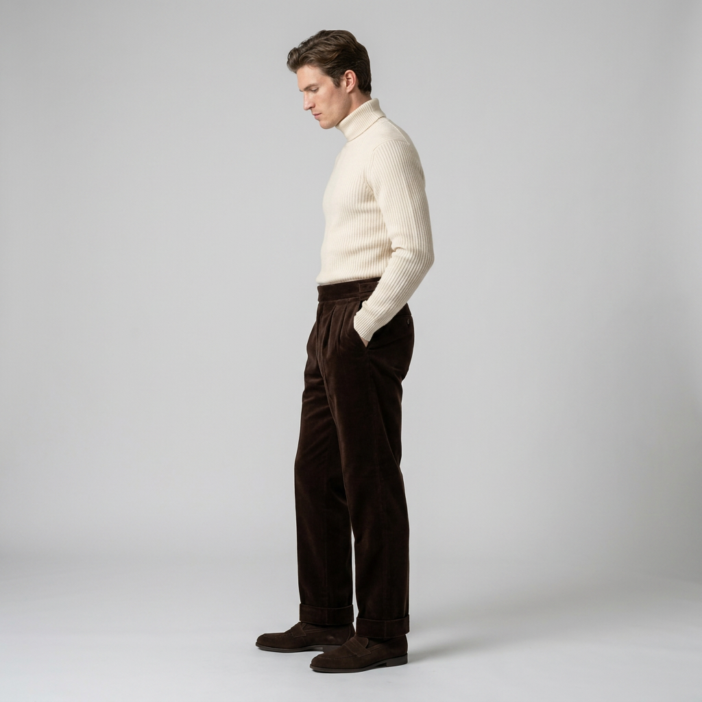 Side view of dark brown velvet trousers with pleated high waist