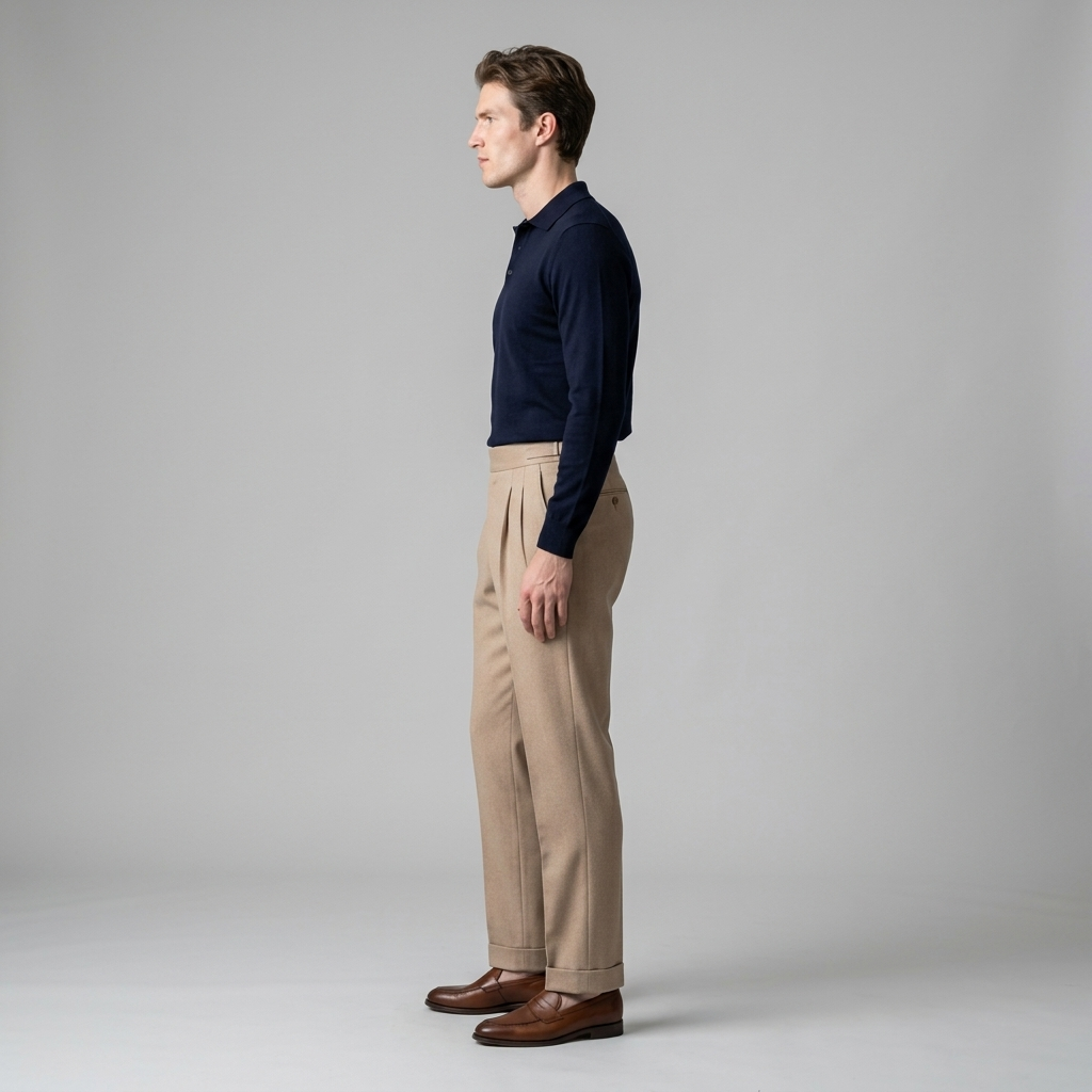 Side view of sand beige pleated wool suit trousers with turn-ups