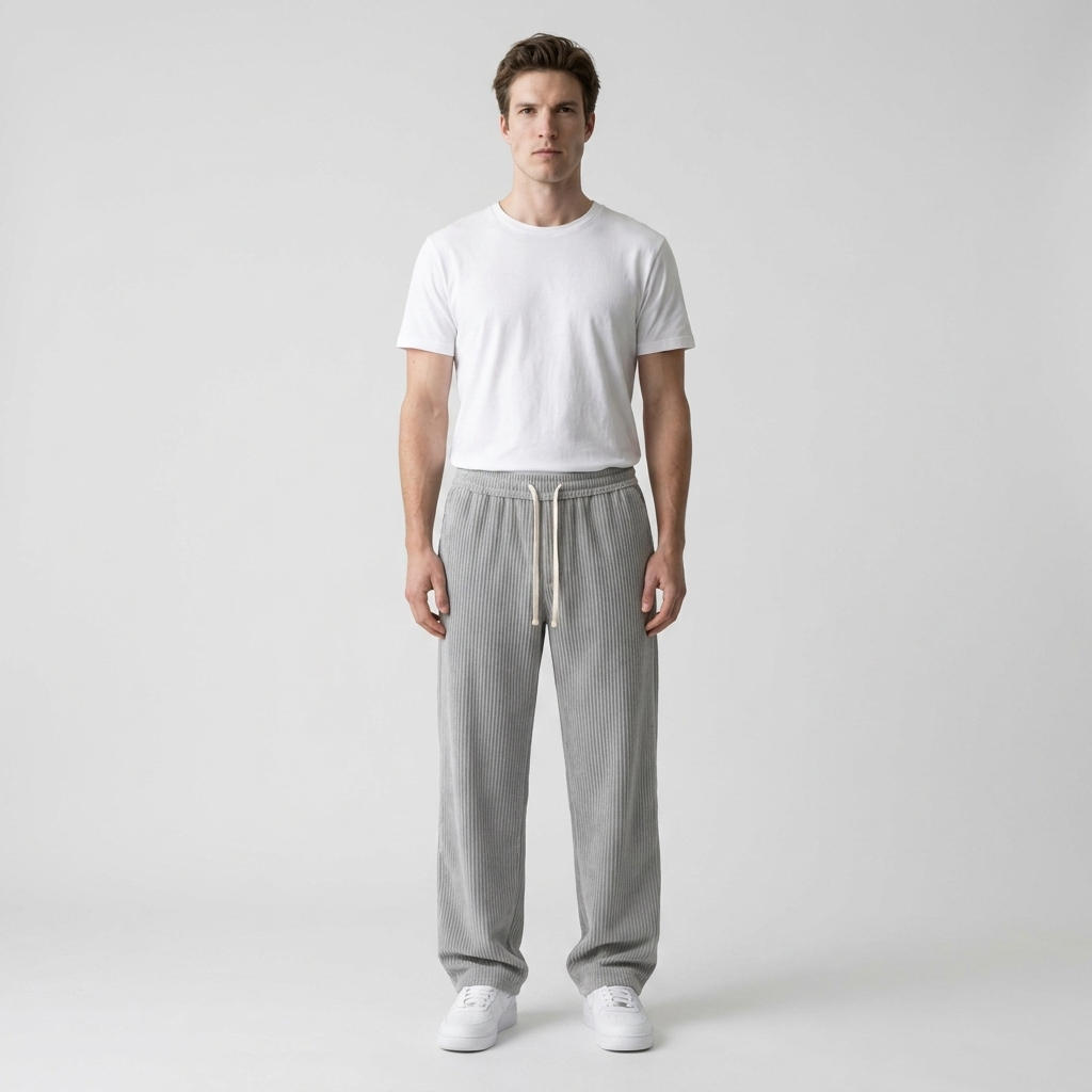 Model wearing light grey corduroy drawstring trousers, full length front view
