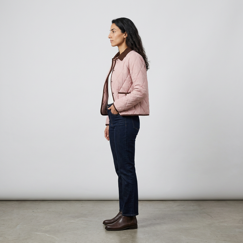 Side view of pale pink diamond quilted jacket with brown corduroy trim