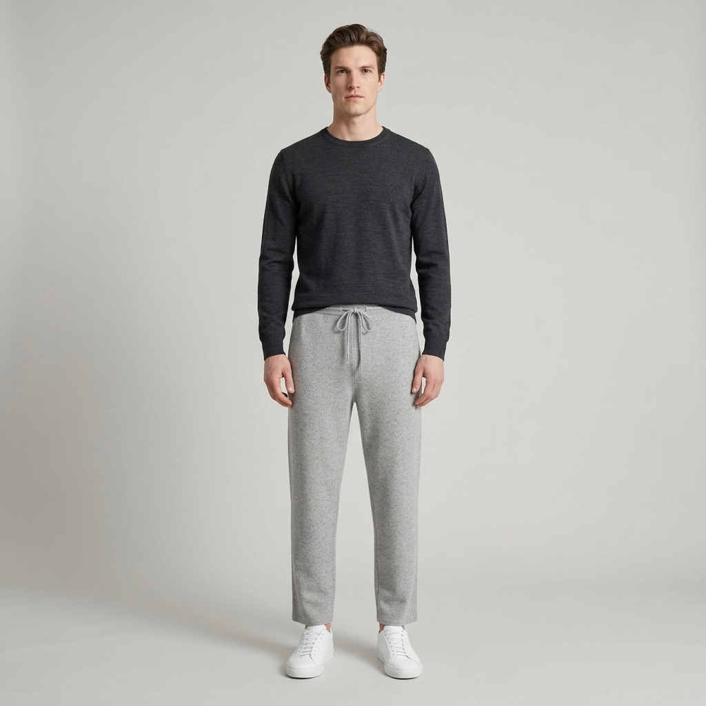 Model wearing light grey merino wool leisure trousers, full length front view