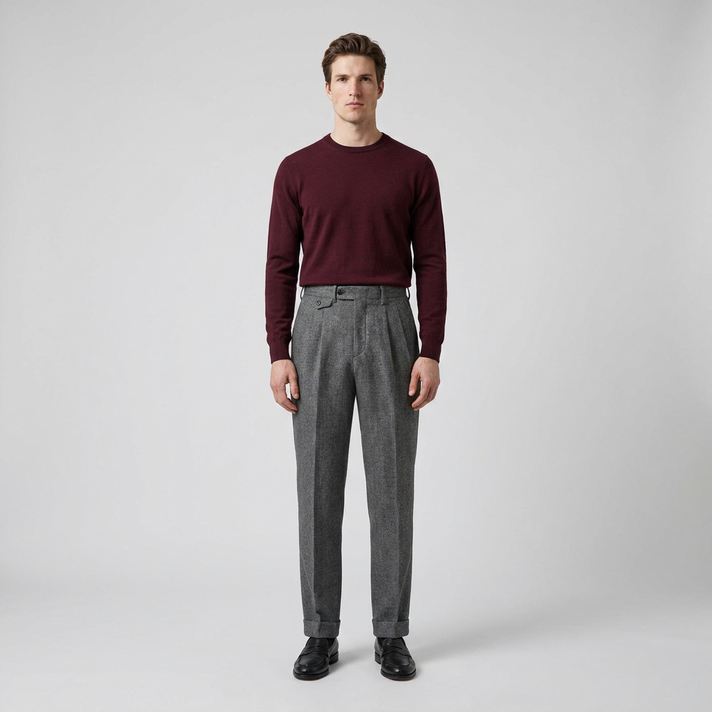 Model wearing mid grey wool flannel trousers, full length front view