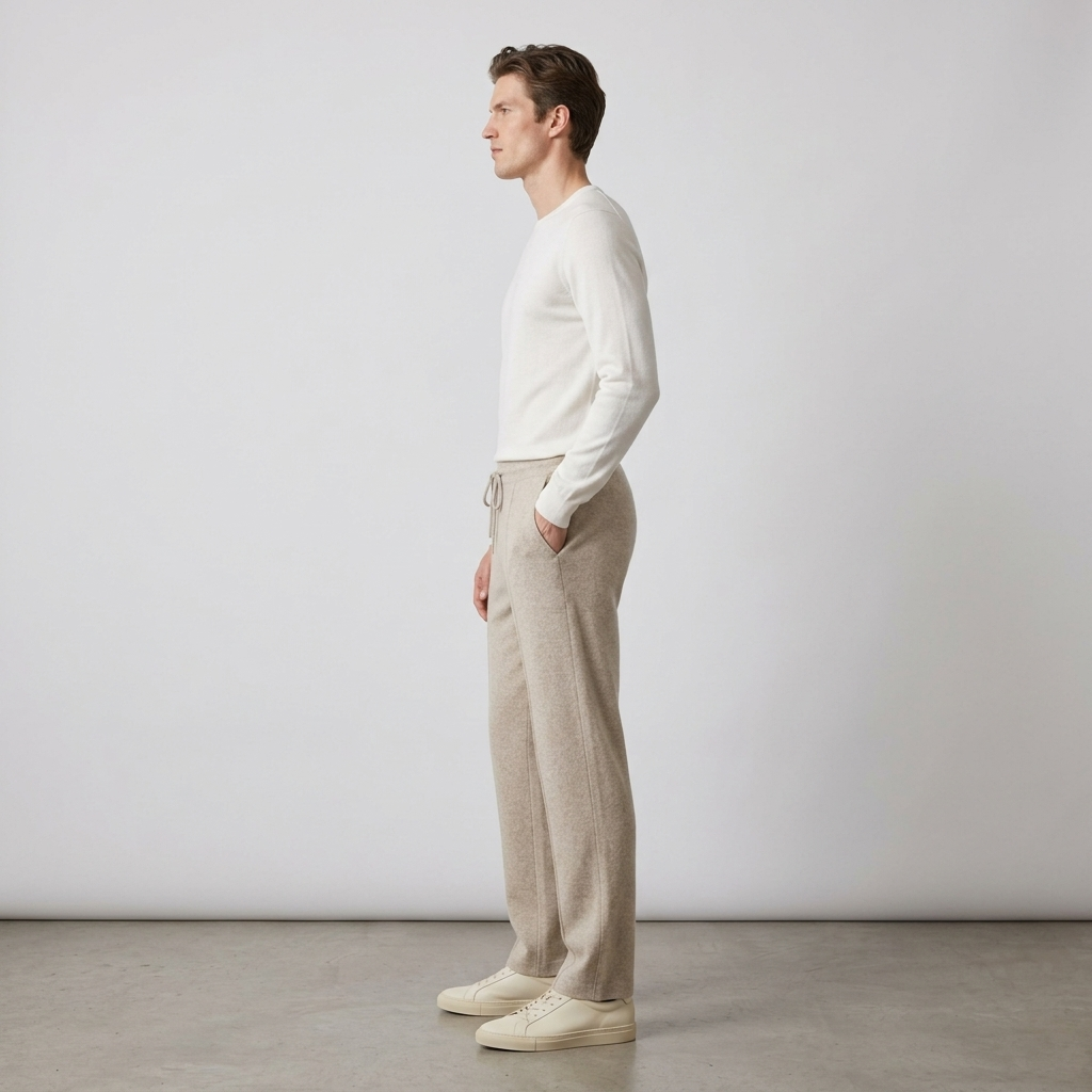Side view of oatmeal cashmere leisure trousers with drawstring waist