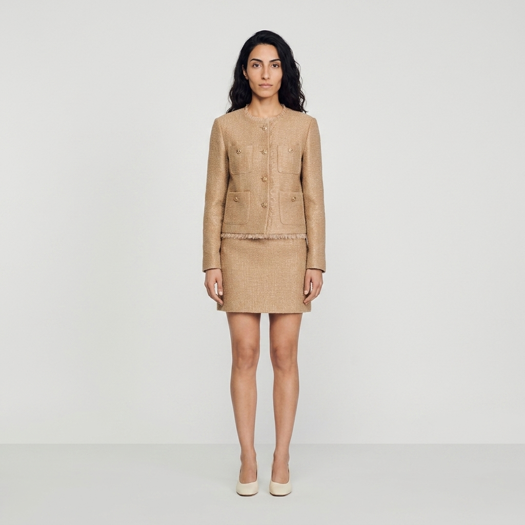 Model wearing camel boucle tweed jacket with matching mini skirt, front view