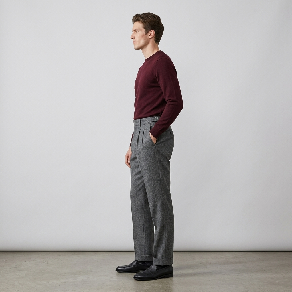 Side view of grey wool flannel trousers with buckled side adjuster