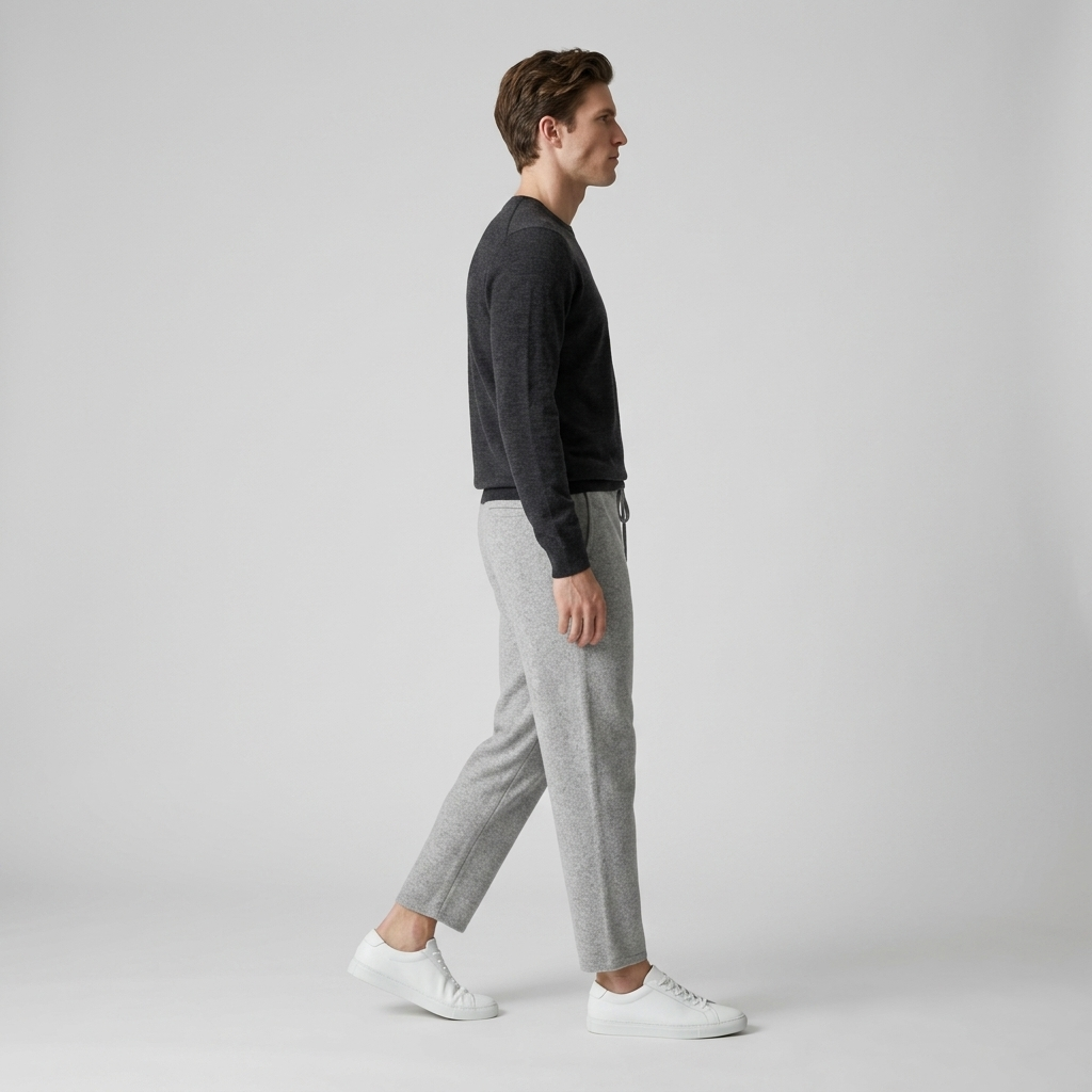 Side view of light grey merino wool leisure trousers with cropped hem