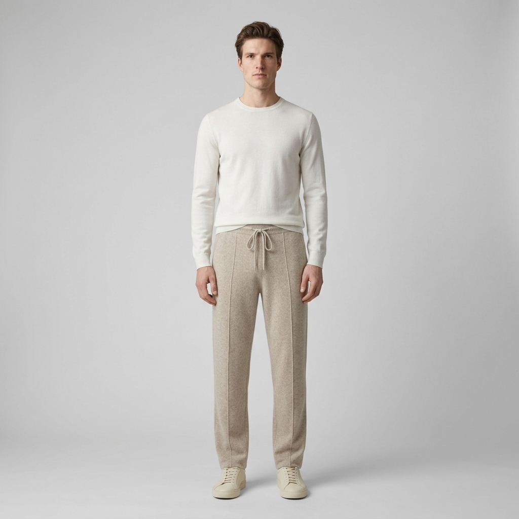 Model wearing oatmeal cashmere drawstring leisure trousers, full length front view