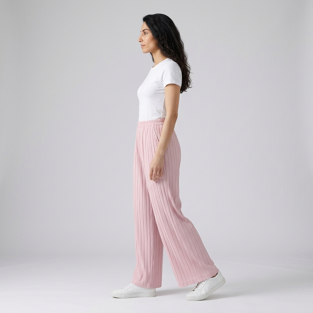 Side view of pale pink pleated wide leg trousers