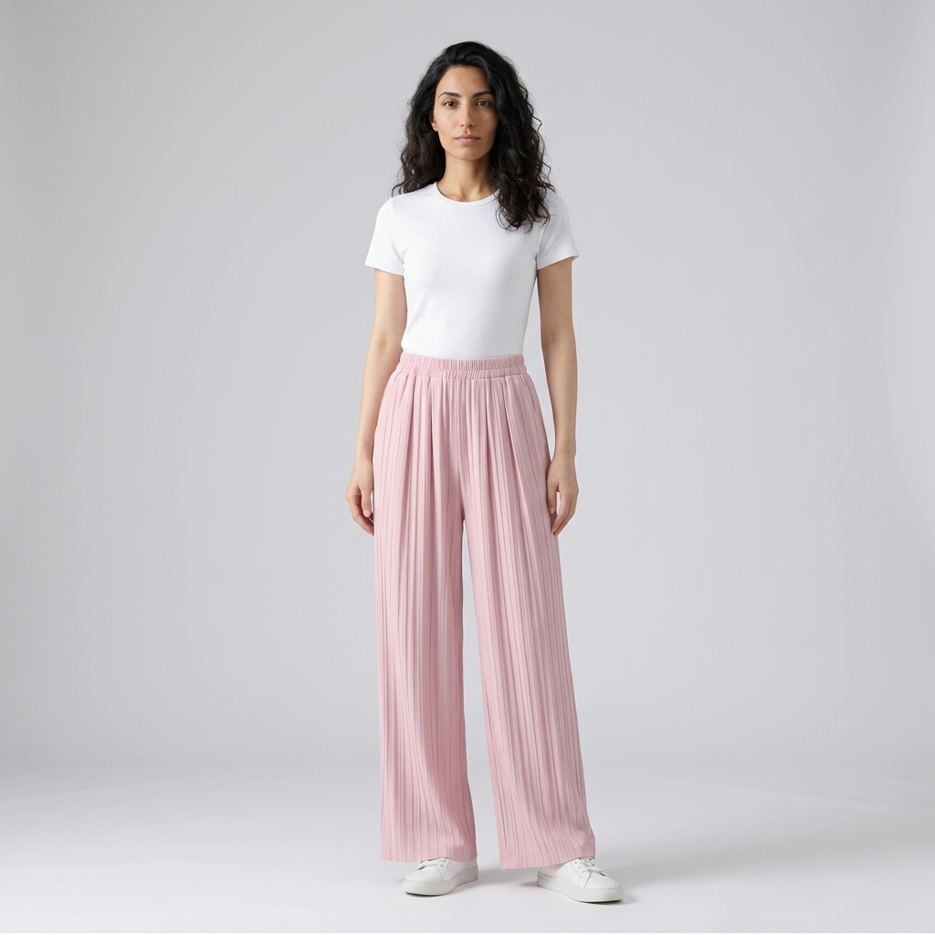 Model wearing pale pink pleated wide leg trousers, full length front view