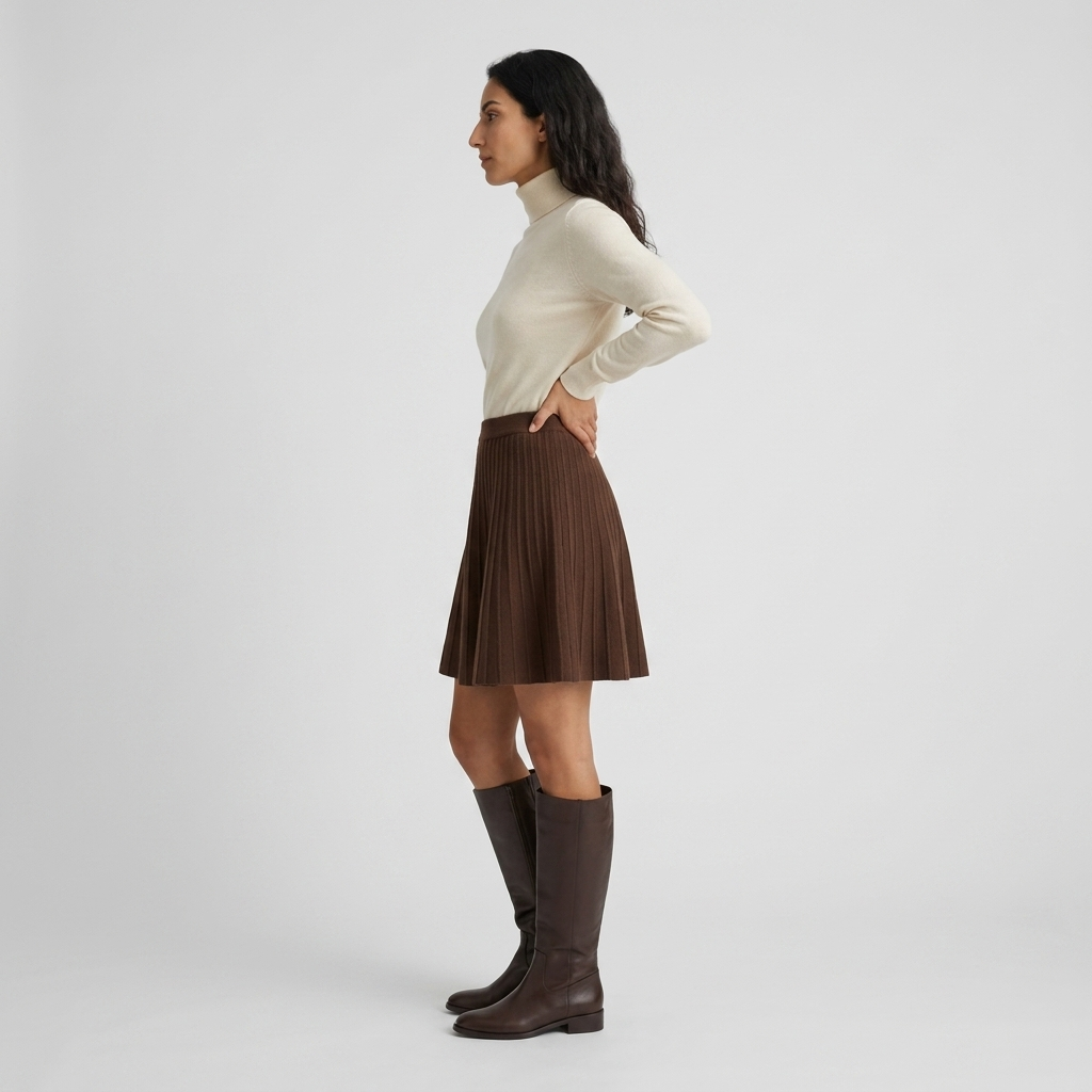 Side view of brown pleated wool mini skirt with flared hem
