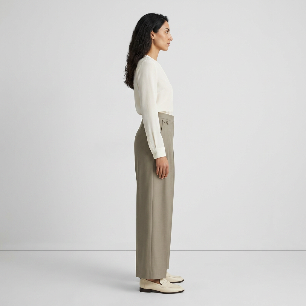 Side view of sage taupe pleated wide leg wool trousers