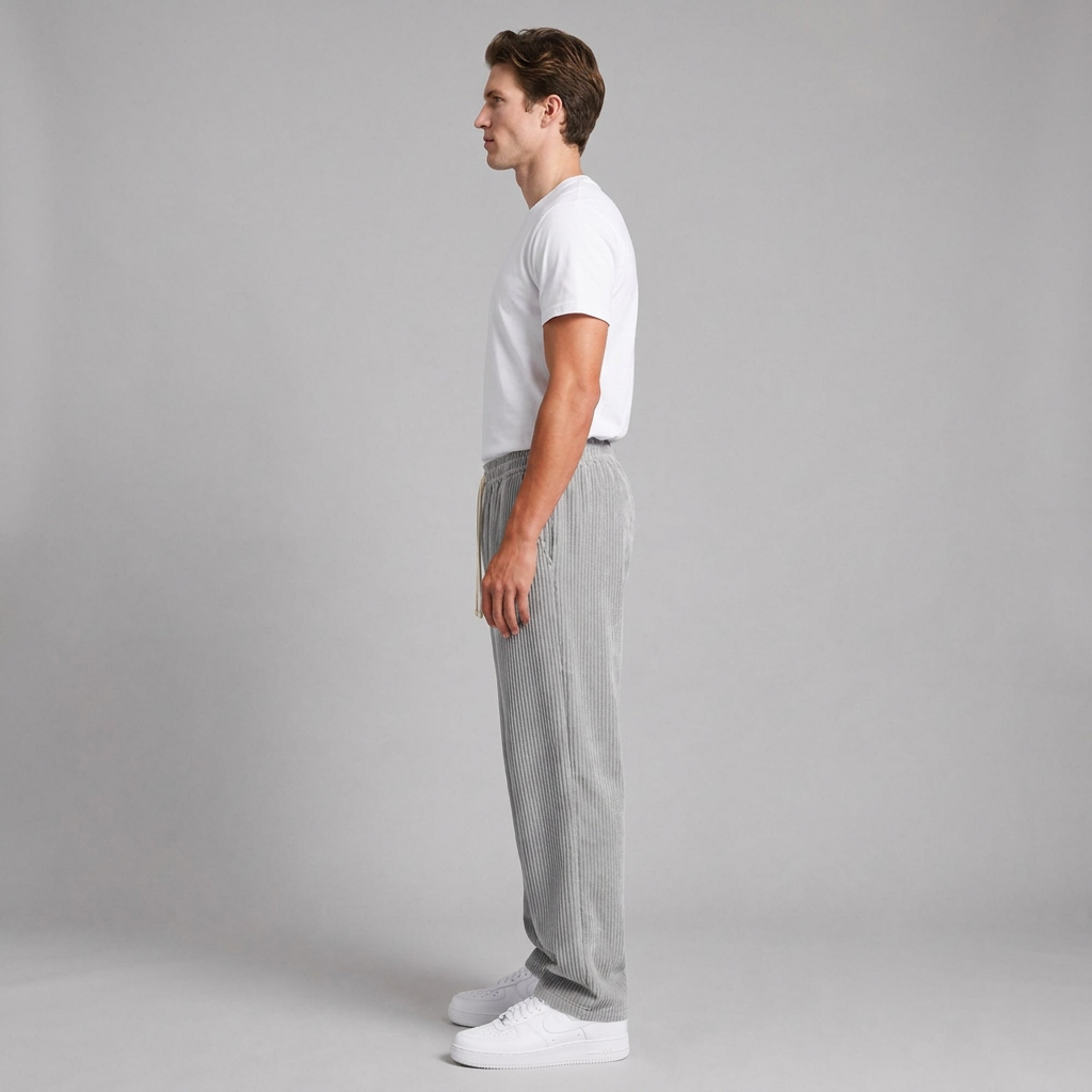 Side view of light grey wide leg corduroy drawstring trousers