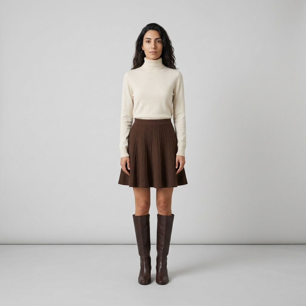 Model wearing chocolate brown pleated wool mini skirt, front view