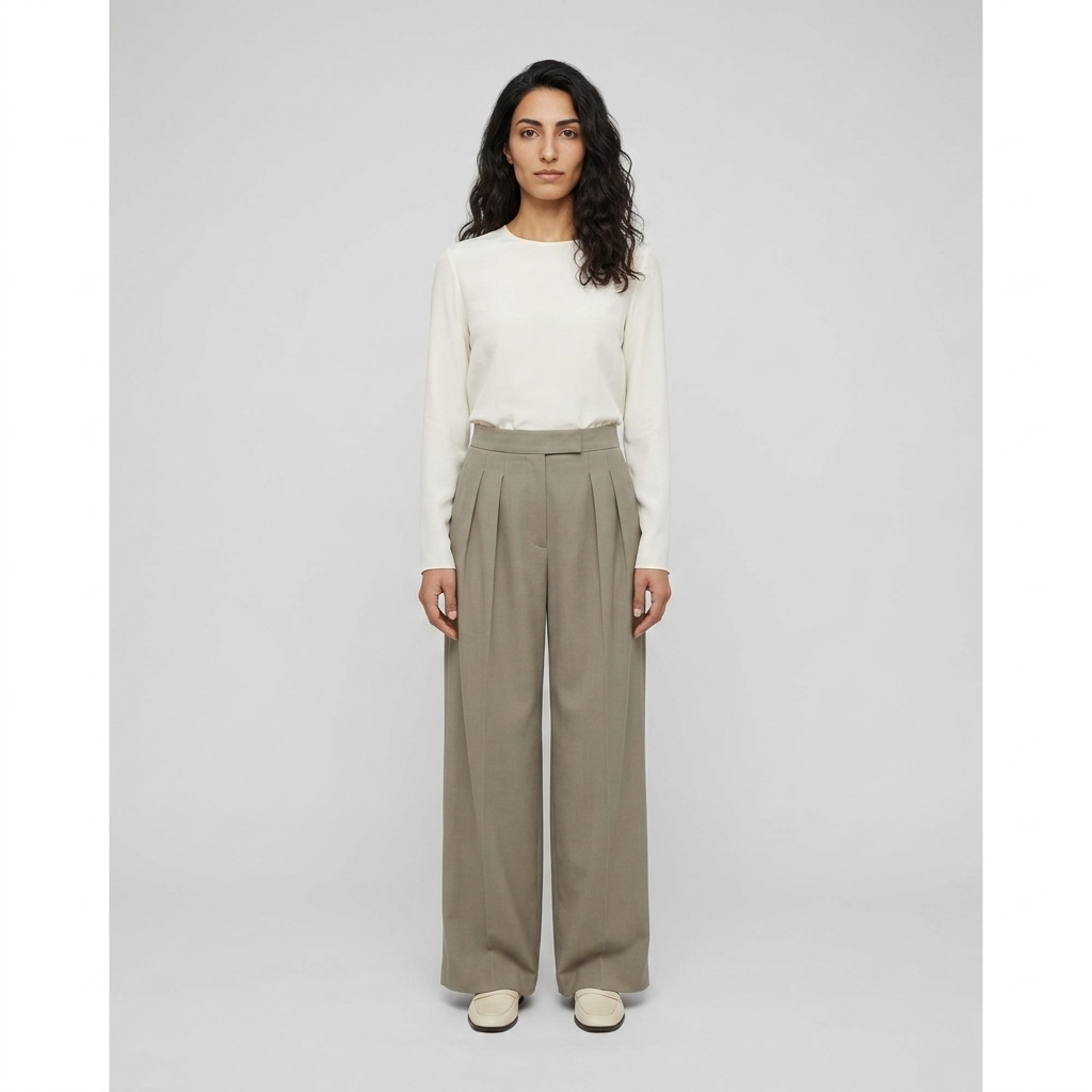 Model wearing sage taupe wool wide leg trousers, full length front view
