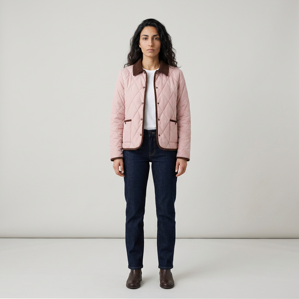 Model wearing pale pink quilted jacket with brown corduroy collar, front view
