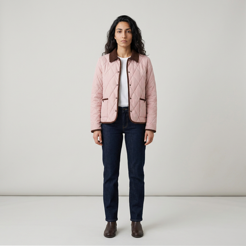 Model wearing pale pink quilted jacket with brown corduroy collar, front view