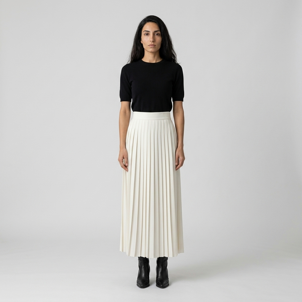 Model wearing ivory pleated maxi skirt with black knit top, front view