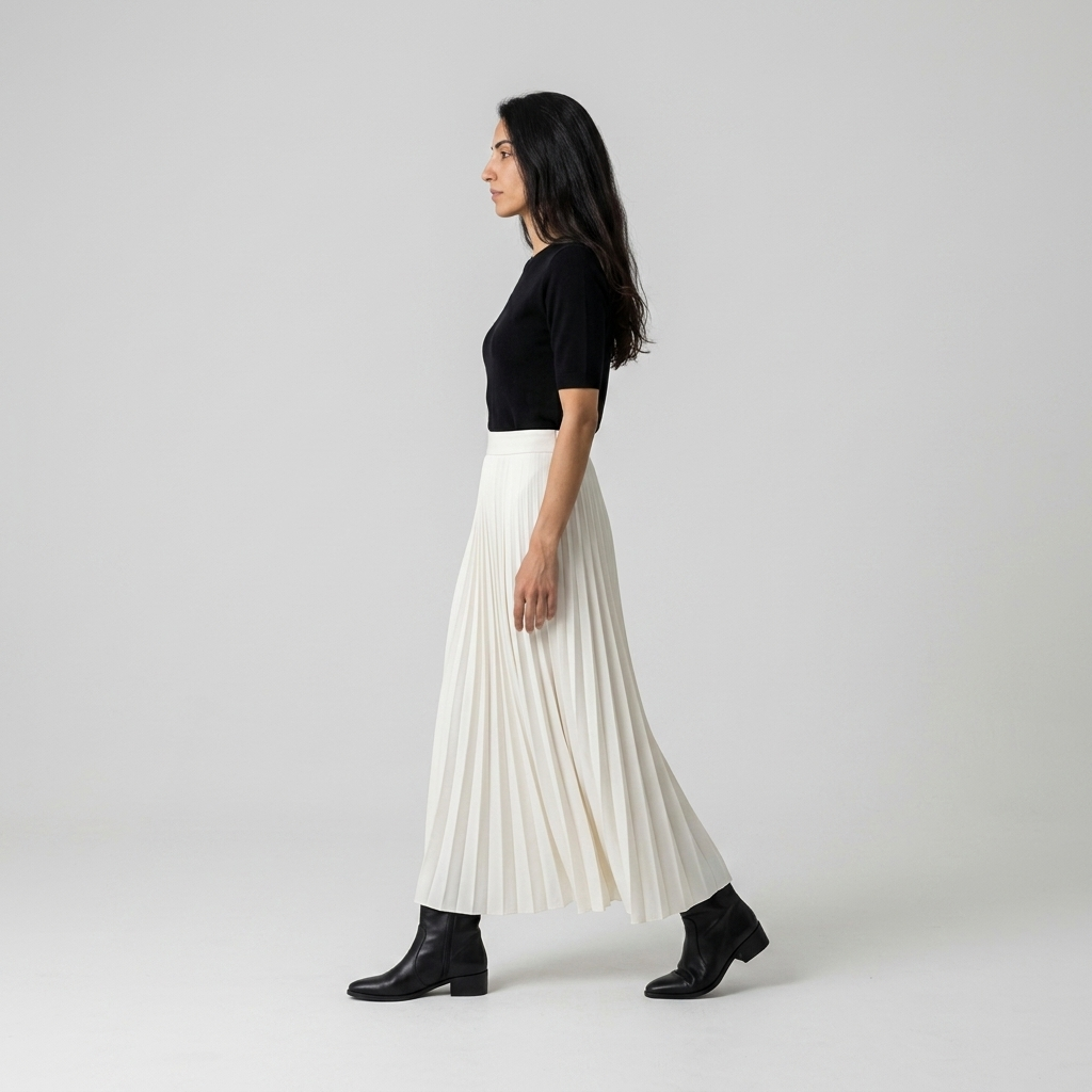 Side view of ivory pleated maxi skirt showing the knife pleats