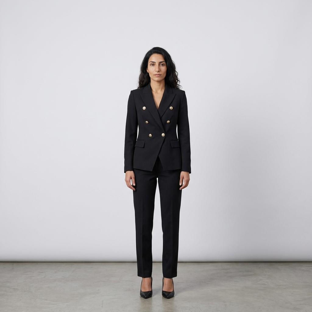 Woman wearing a black double breasted gold button blazer with matching trousers, front view