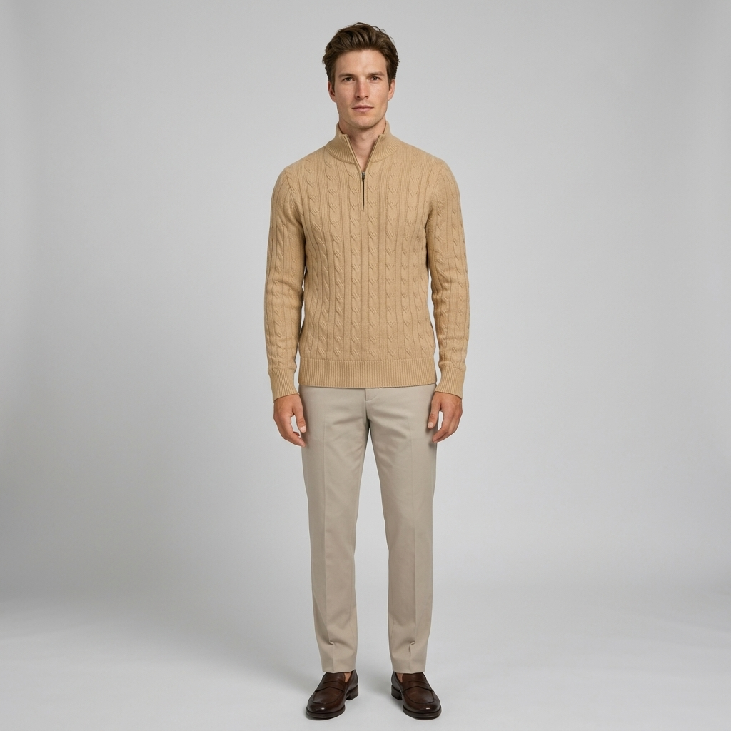 Man wearing a camel cable knit quarter zip funnel neck jumper, front view