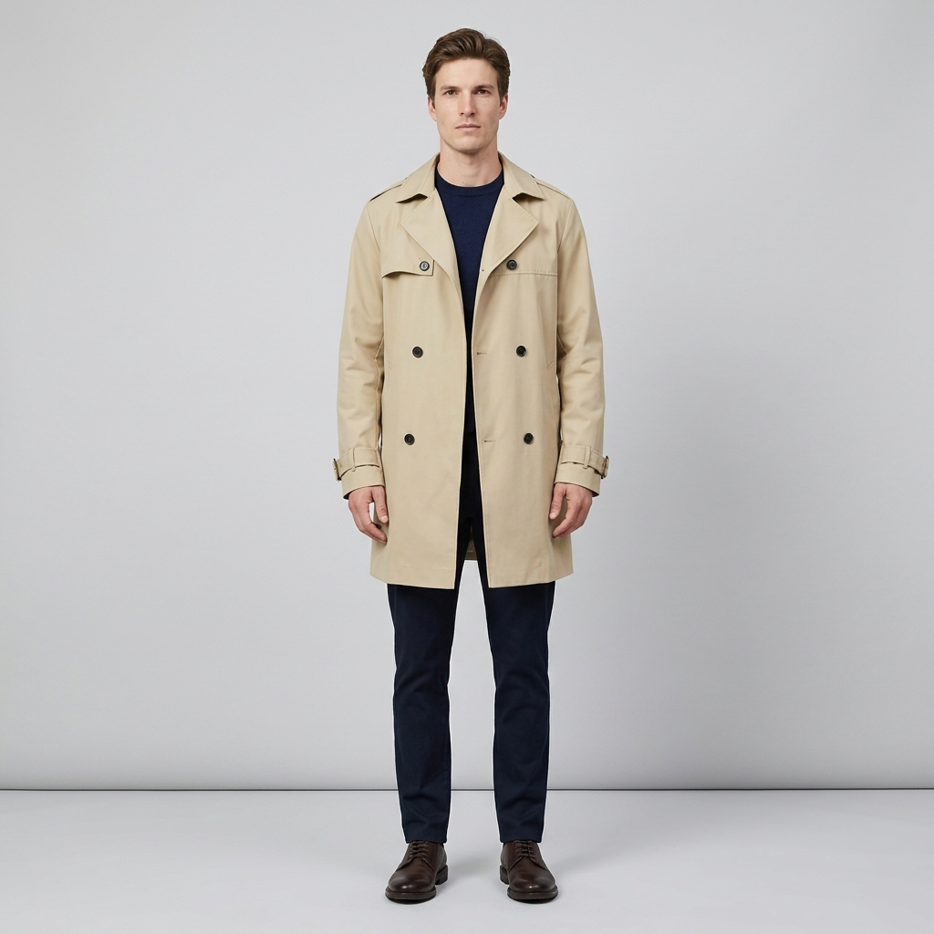 Man wearing a khaki double breasted trench coat with buckled cuff straps, front view