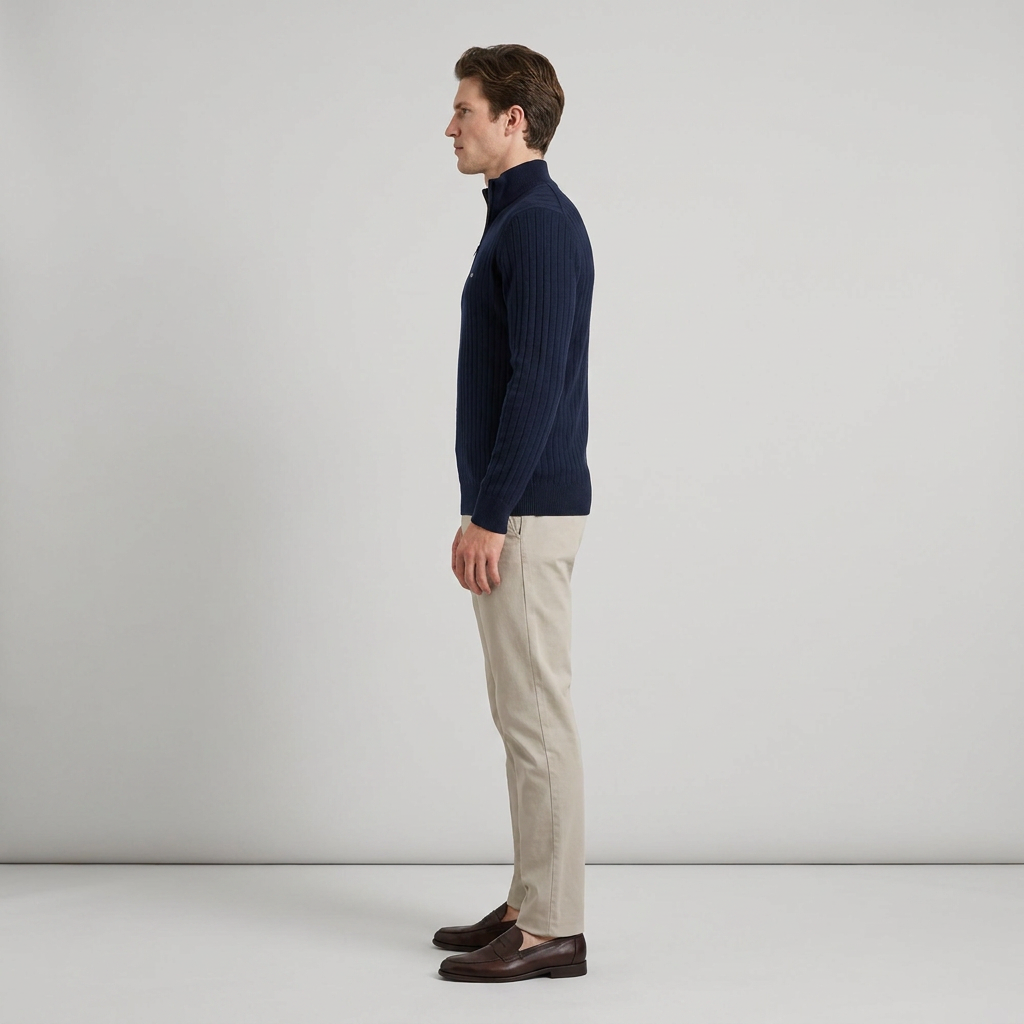 Side view of a navy ribbed knit quarter zip jumper
