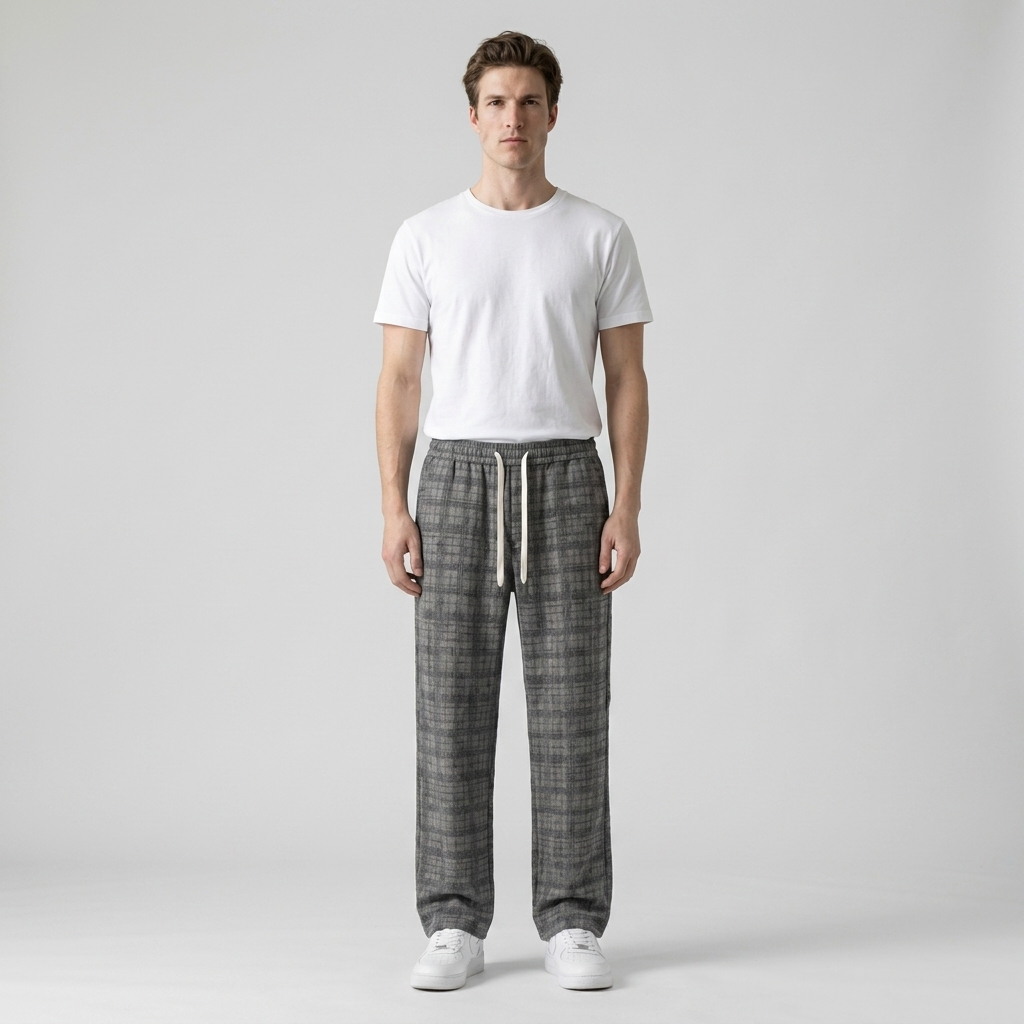 Man wearing grey checked wide leg drawstring trousers, full length front view