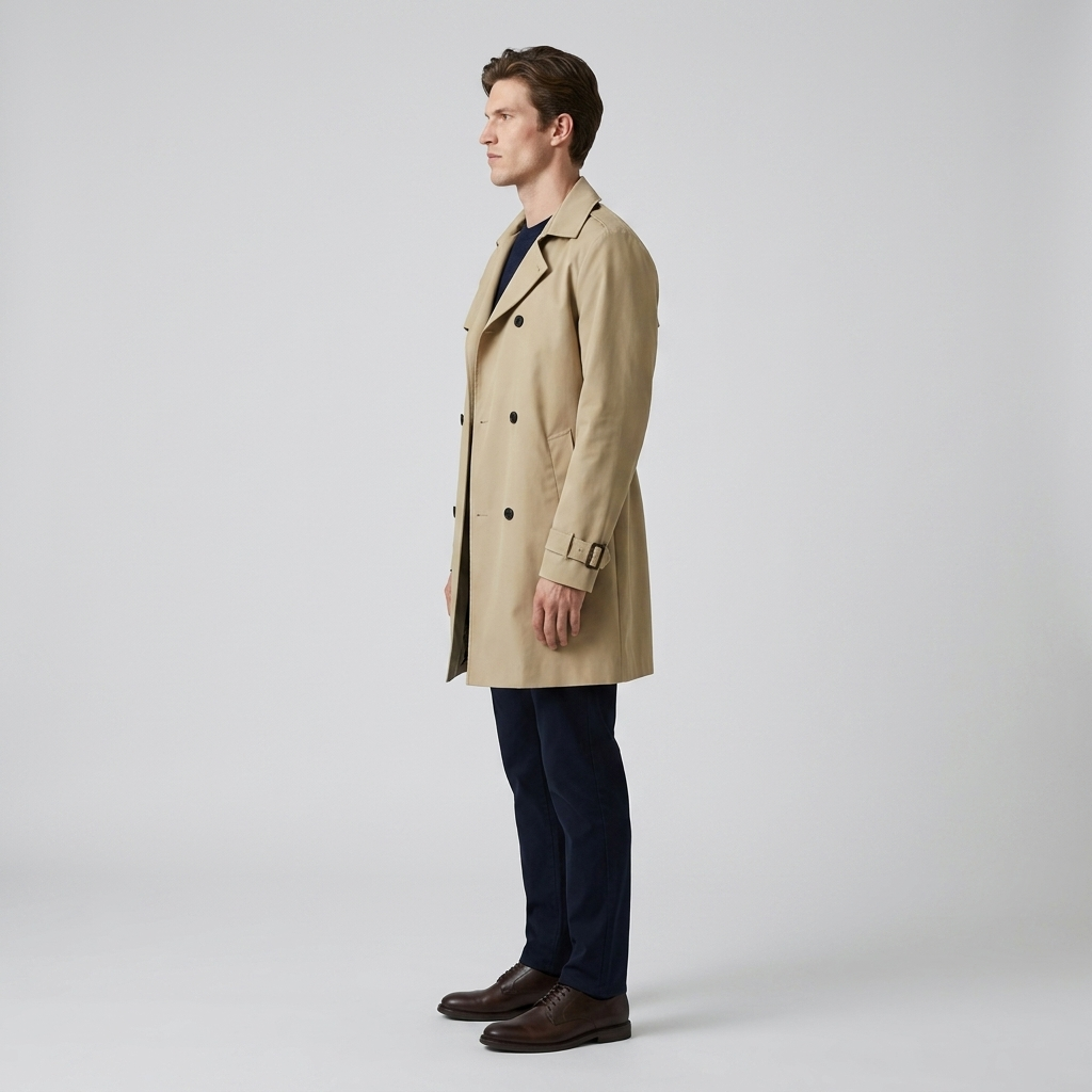 Side view of a khaki double breasted trench coat showing the knee length hem