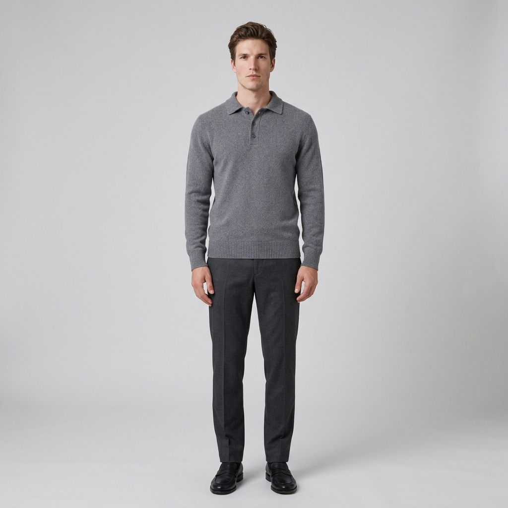 Man wearing a grey knitted long sleeve polo jumper with a buttoned placket, front view