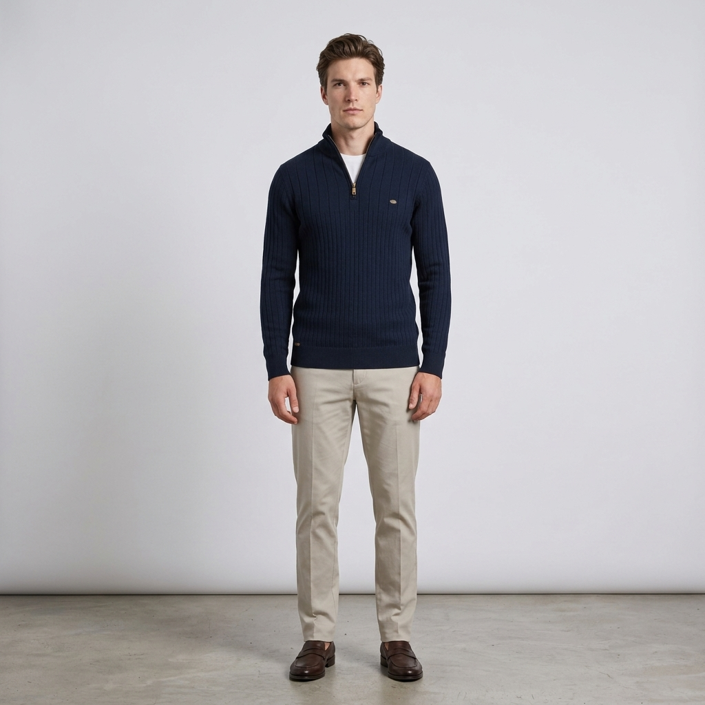 Man wearing a navy ribbed knit quarter zip funnel neck jumper, front view