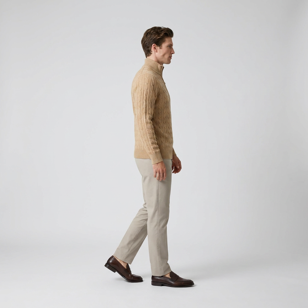 Side view of a camel cable knit quarter zip jumper with a high funnel neck