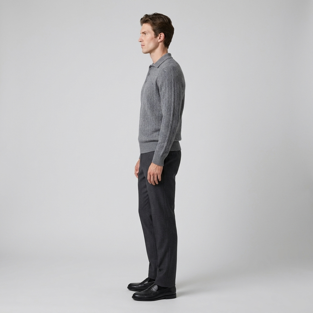 Side view of a grey knitted long sleeve polo jumper