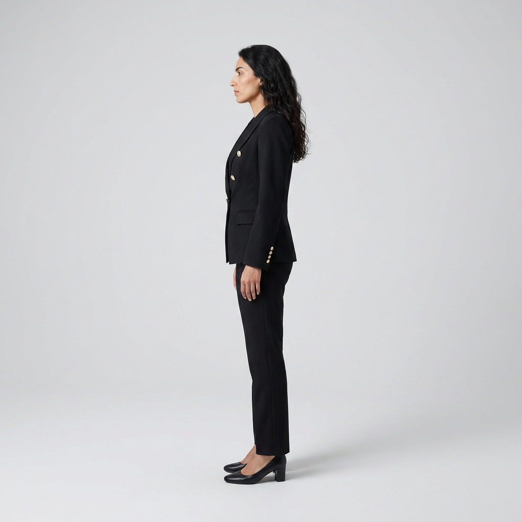 Side view of a black two piece suit with a double breasted gold button blazer