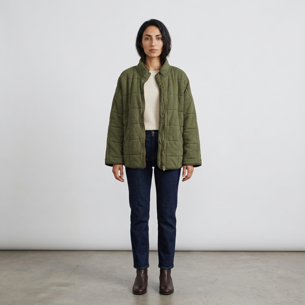 Woman wearing an olive green oversized quilted jacket, front view