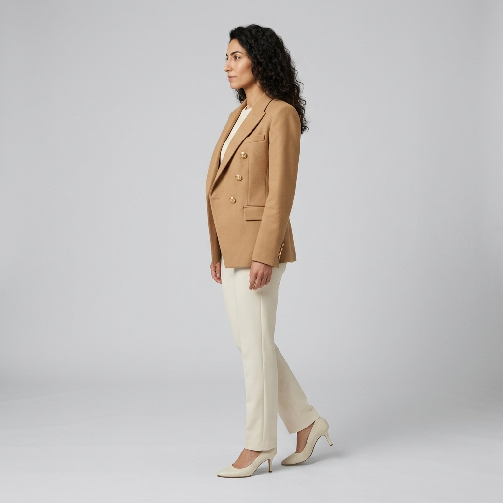 Side view of a camel double breasted tailored blazer with peak lapels