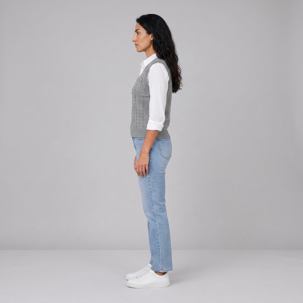 Side view of a grey cable knit sleeveless sweater vest over a white shirt