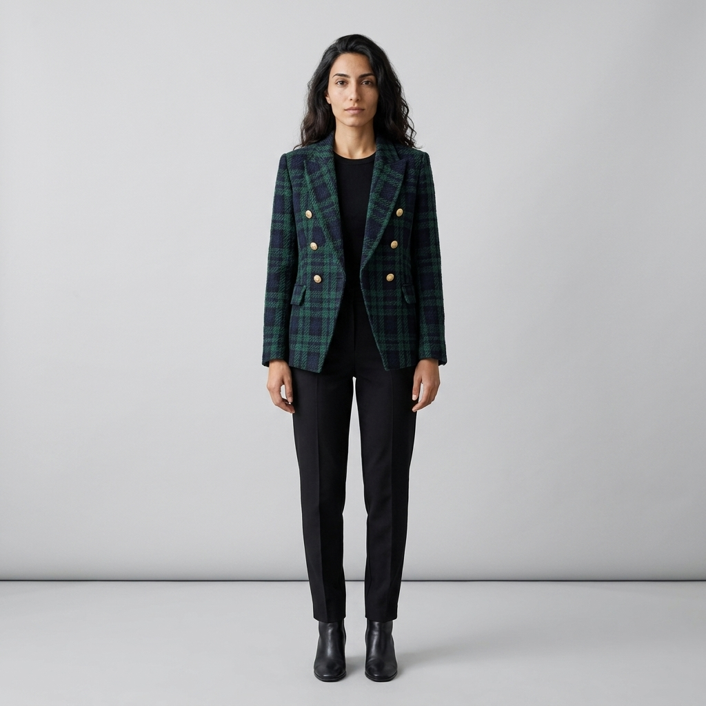 Woman wearing a green checked tweed double breasted gold button blazer, front view