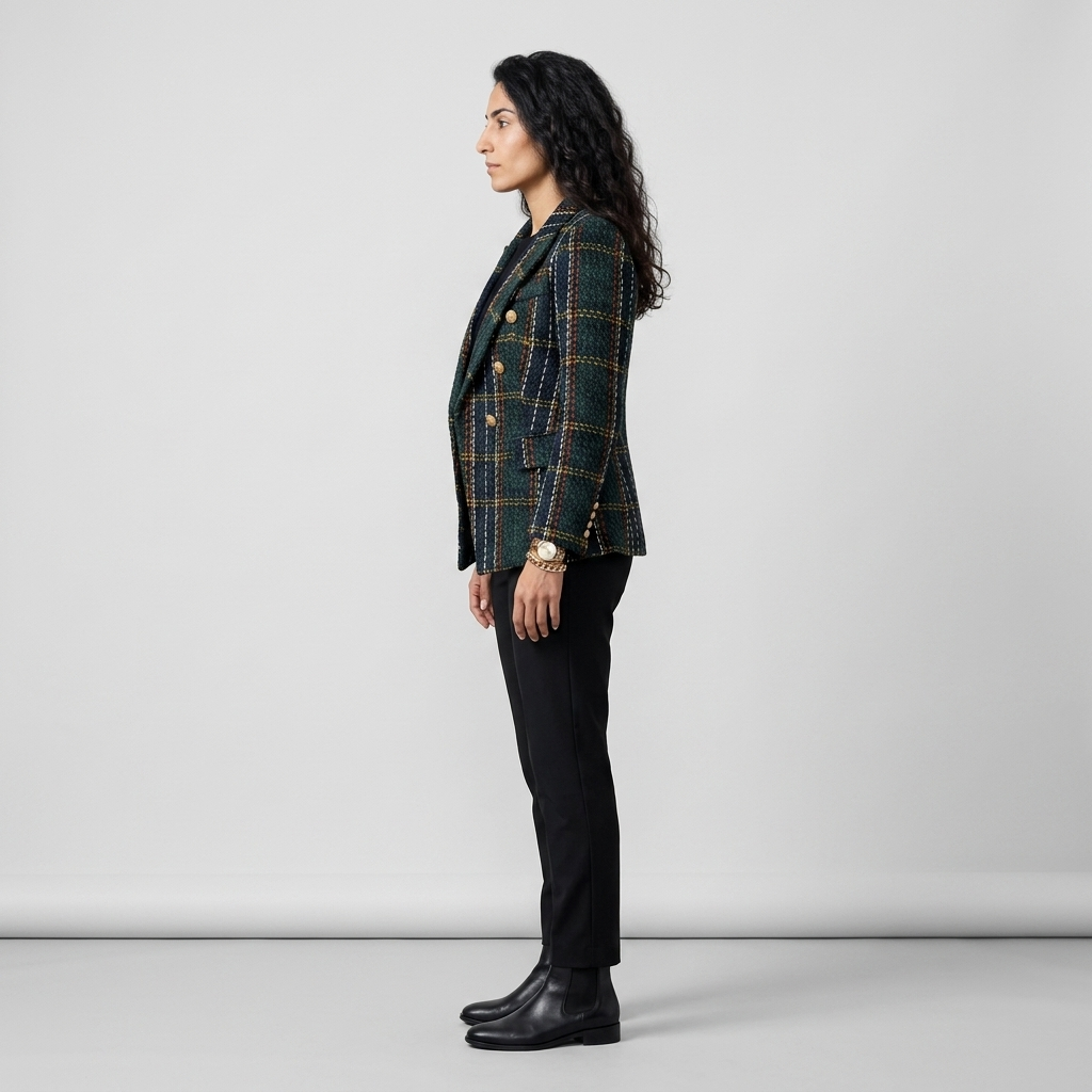 Side view of a checked tweed double breasted tailored blazer