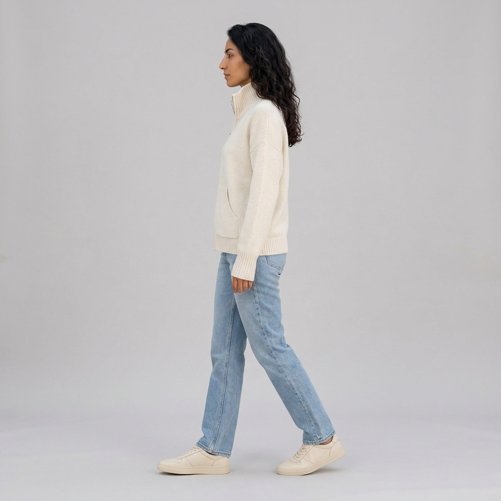 Side view of a cream zip up knitted funnel neck jacket
