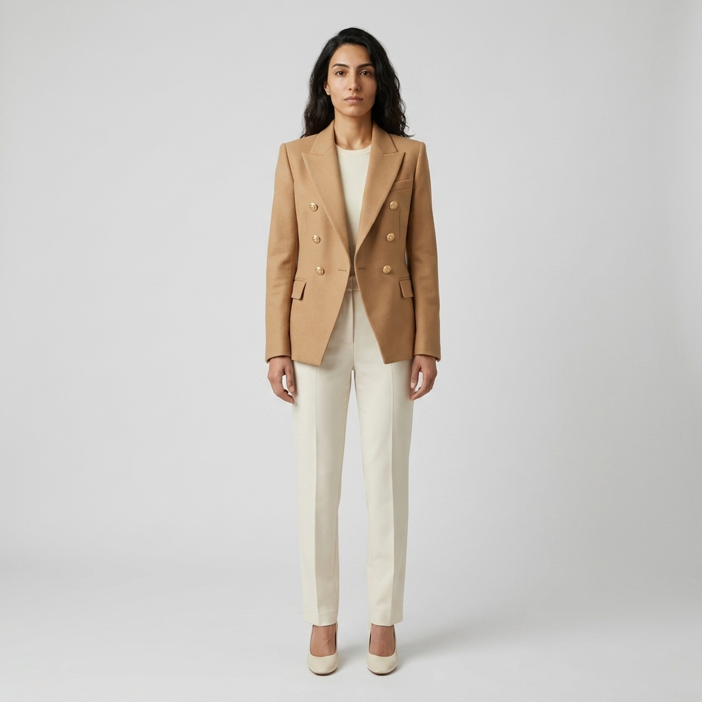 Woman wearing a camel double breasted blazer with peak lapels and crest buttons, front view