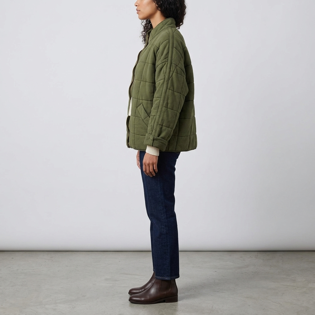 Side view of an olive green oversized quilted jacket with a stand collar