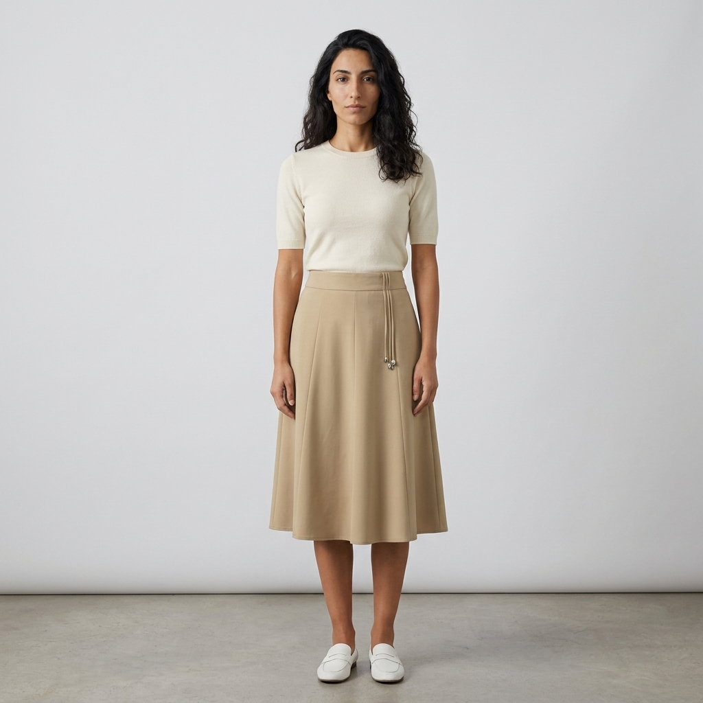 Woman wearing a sand beige pleated midi skirt, front view