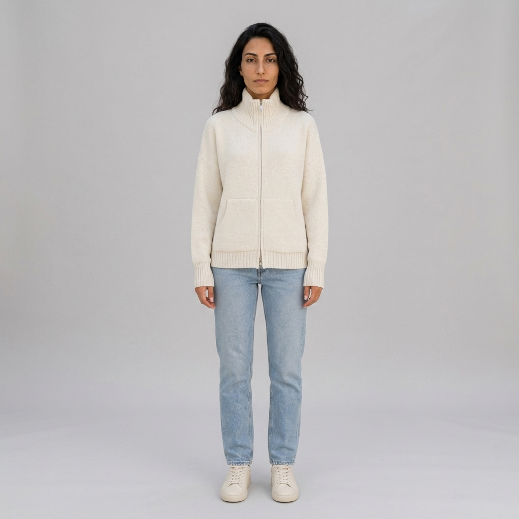 Woman wearing a cream zip up knitted jacket with a funnel neck, front view