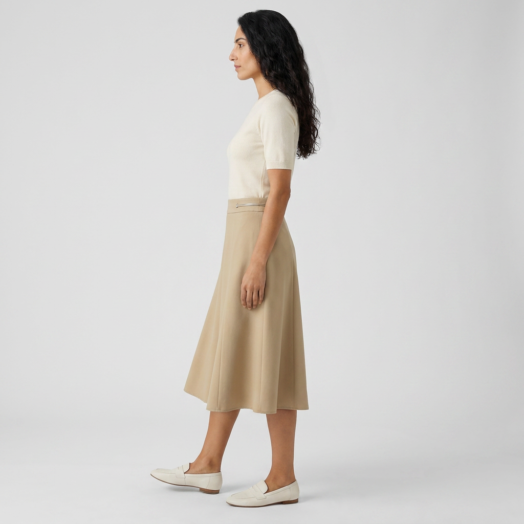 Side view of a sand beige pleated midi skirt with an A line flare