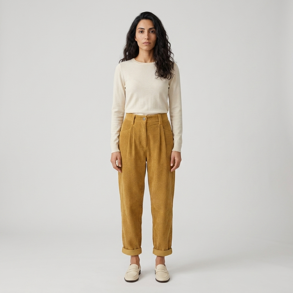 Woman wearing mustard corduroy high waisted tapered trousers, full length front view