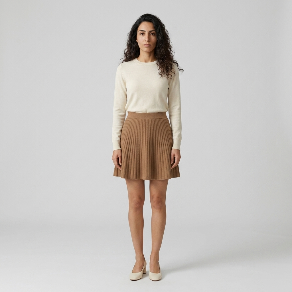 Woman wearing a camel knitted pleated mini skirt, front view