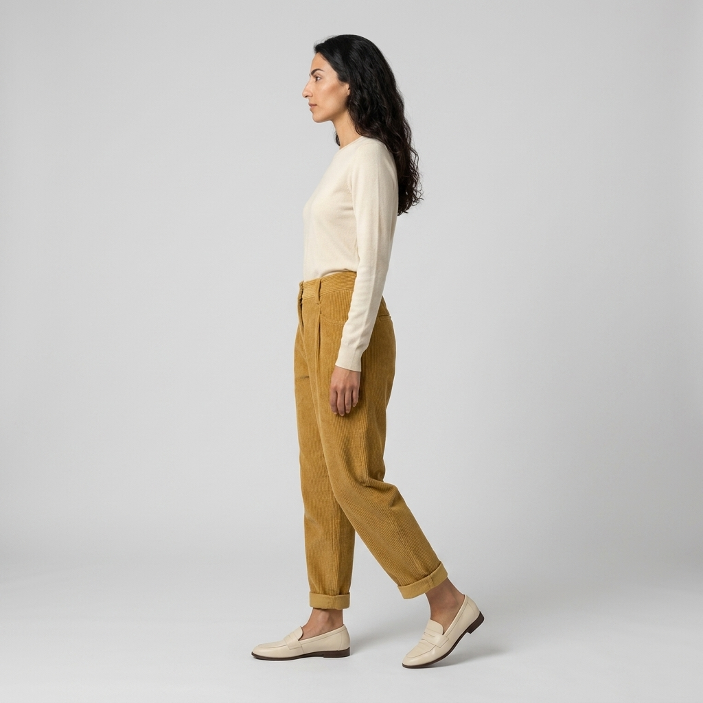 Side view of mustard corduroy high waisted trousers with turn-up cuffs