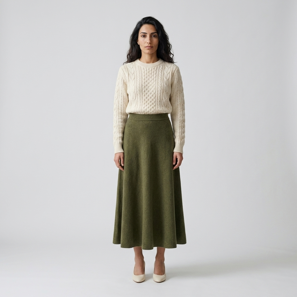 Woman wearing an olive green knitted maxi skirt, front view