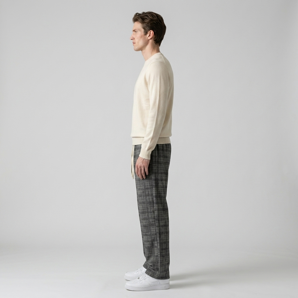 Side view of grey checked wide leg trousers with a drawstring waist