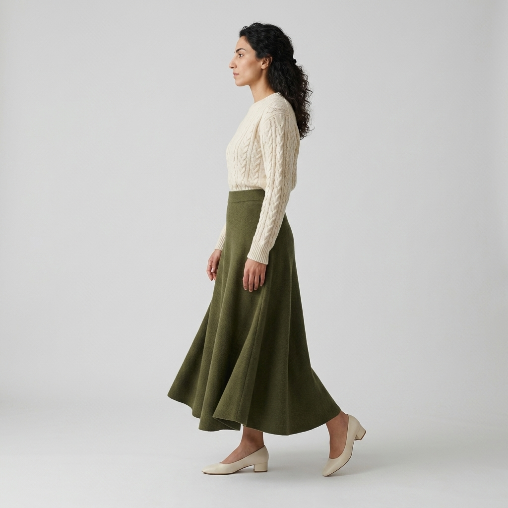 Side view of an olive green knitted maxi skirt with a full A line flare